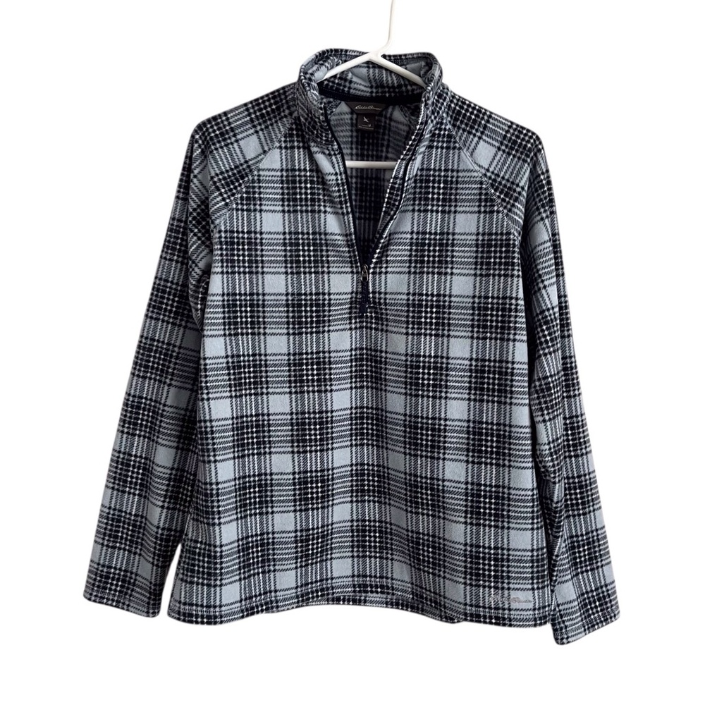 Eddie Bauer Quarter Zip Fleece Pullover Blue Plaid Women’s Medium